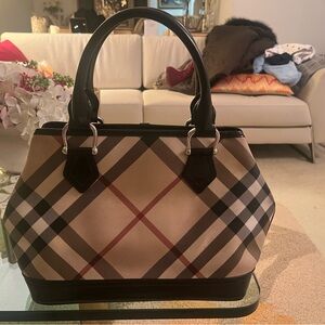 Burberry Beige and Black Checkered Designer Satchel